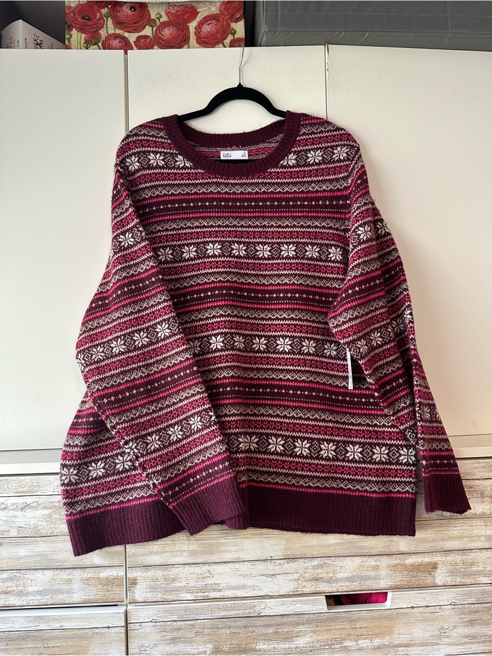 🍷 Croft & Barrow 2X NWT Fair Isle Snowflake Sweater Burgundy Pink